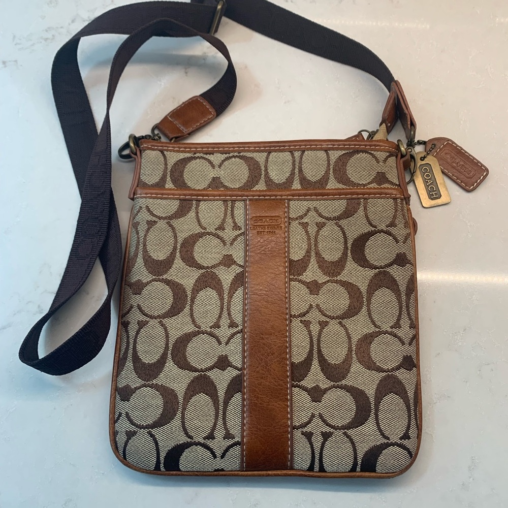 Coach Brown Logo Swingback Crossbody Bag Jacquard Leather